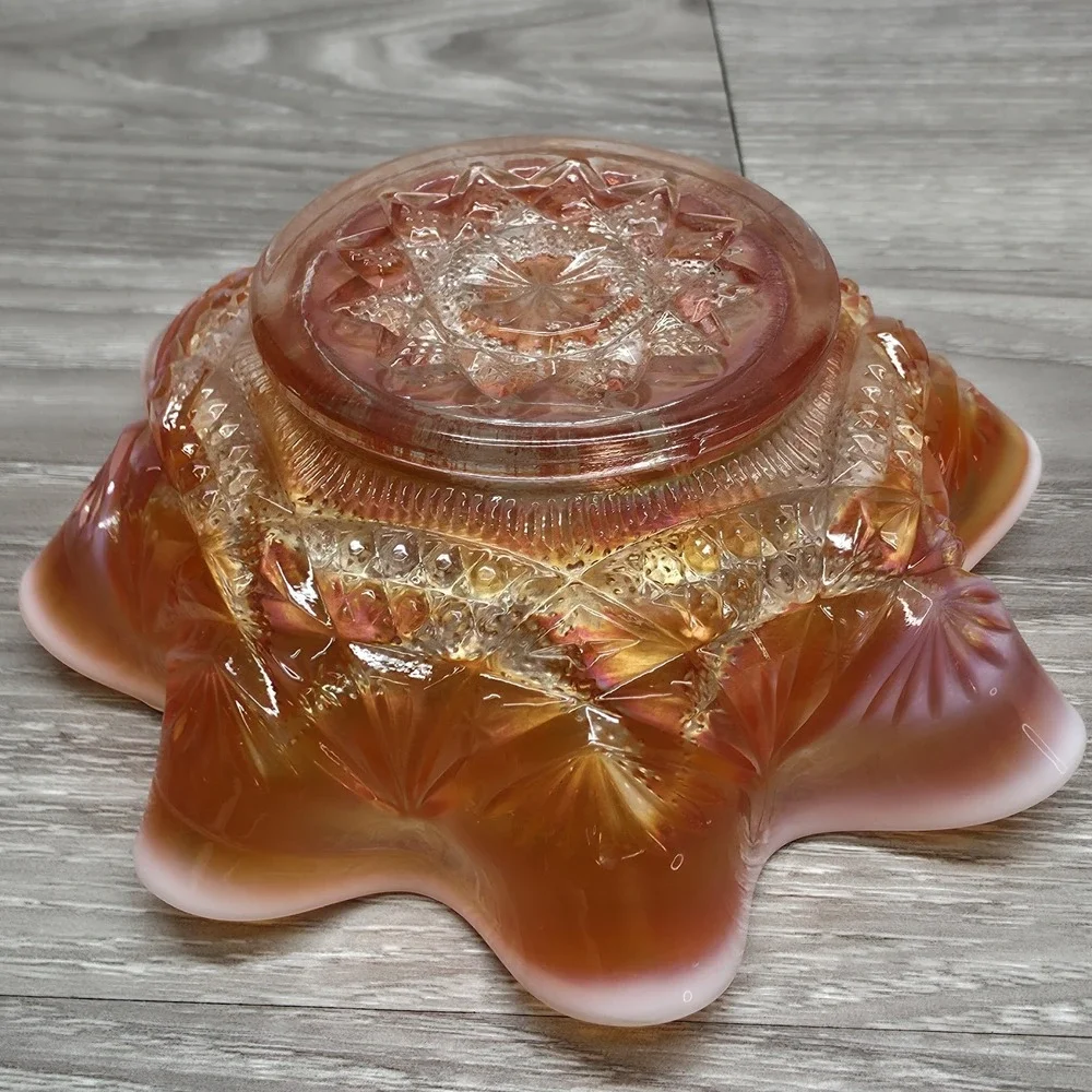 Dugan Ski Star Style‎ Ruffled Bowl - Peach Opal Carnival Glass 6
